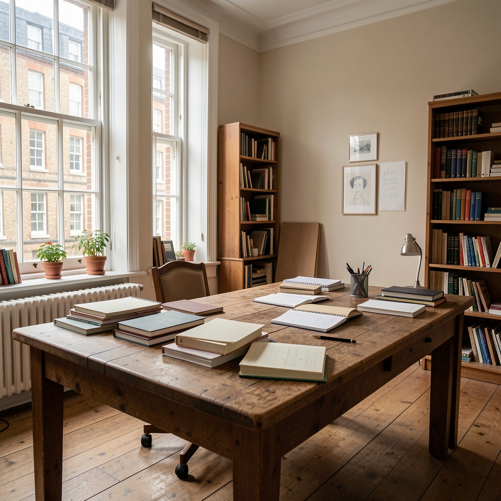 Editorial workspace interior with a large wooden desk, scattered notebooks, and tall windows letting in soft London daylight, the quiet atmosphere of a writing studio