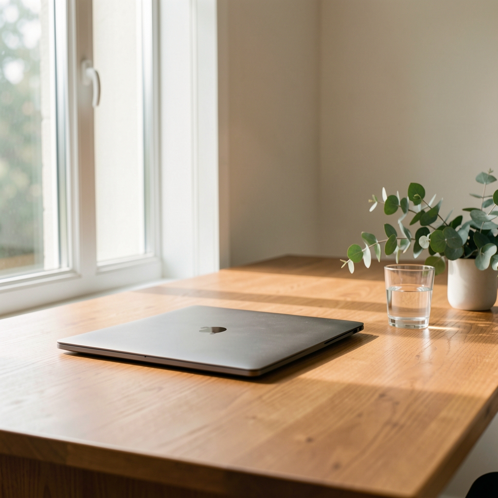 Minimal interior scene with natural light streaming through a large window onto a wooden desk with a closed laptop a glass of water and a sprig of eucalyptus