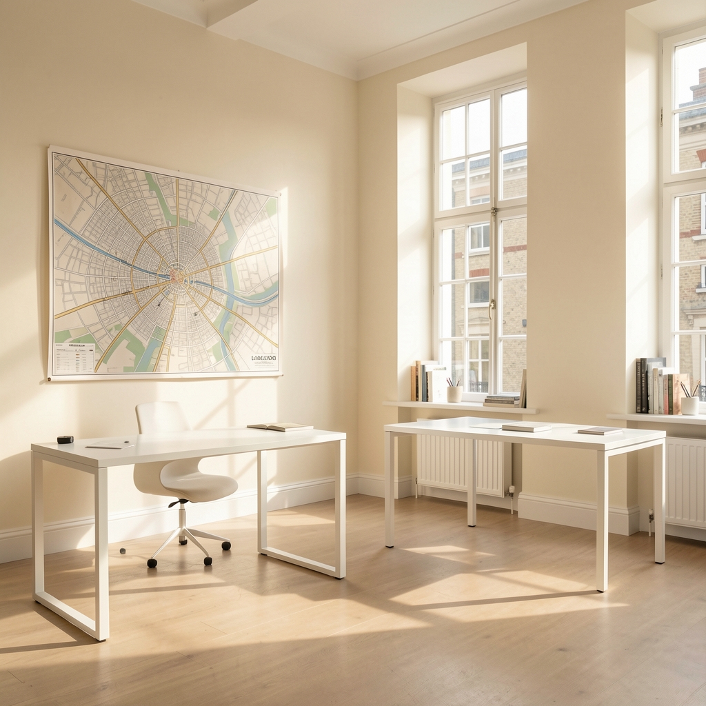 Bright minimalist editorial studio with cream walls a large map of London on one wall two white desks and afternoon sunlight streaming through tall windows